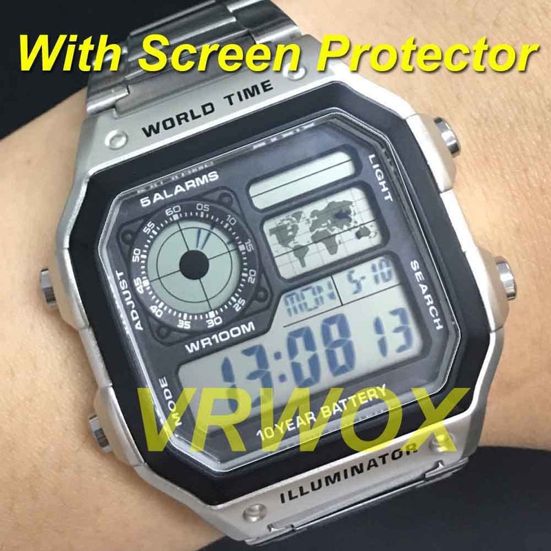 VRWOX [5 قطع] واقي شاشة TPU لساعات AE-1200/AE-1300، واقي شاشة تغطية كاملة لساعات AE-1200/AE1200WH-1A/AE1200WHD-1A، شفاف عالي الدقة مضاد للفقاعات ومضاد للخدوش - Image 3